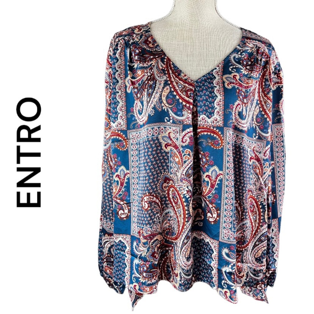 ENTRO Women’s Boho Blue Paisley Long Sleeve Flowy Top Size Medium